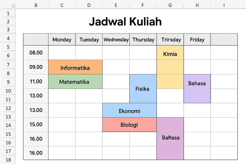 cara membuat jadwal kuliah di excel manual