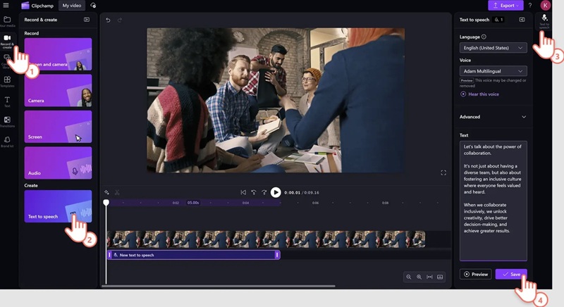 Clipchamp (Web) untuk Narasi AI