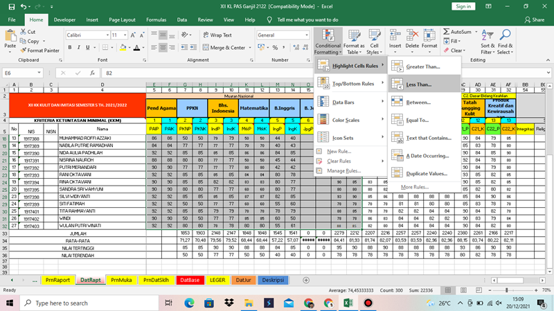 Conditional Formatting untuk Menandai Nilai di Bawah KKM